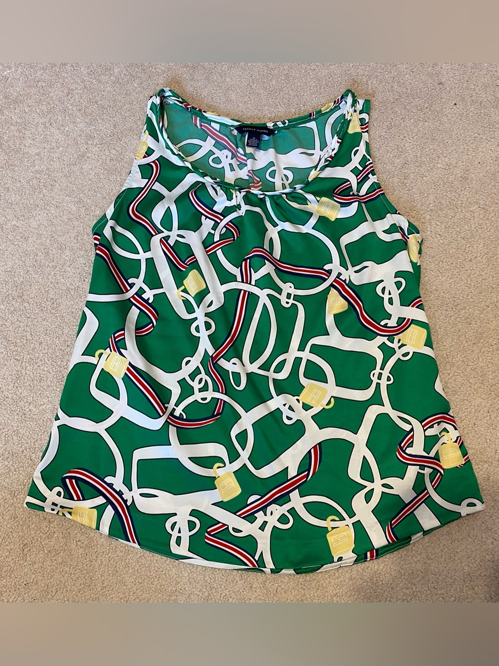 Tommy Hilfiger green geometric print satin sleeveless blouse, size medium